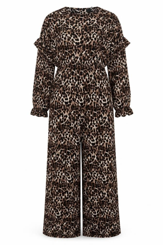 ASOS DESIGN Women Brown Leopard Print Pleated Wide Leg Jumpsuit UK 12