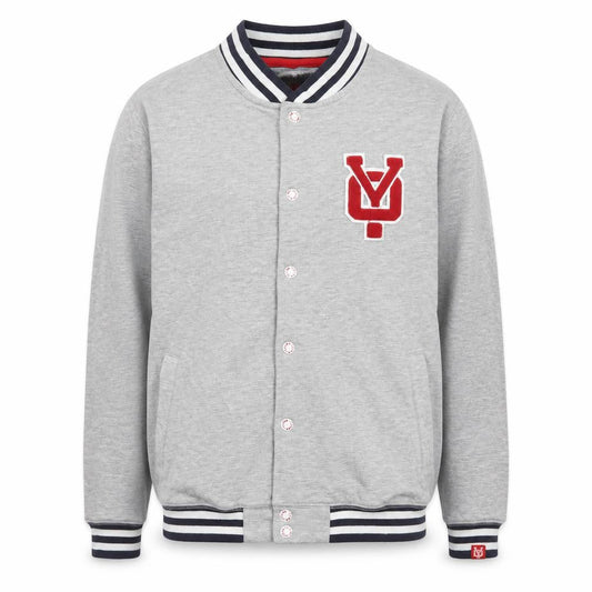Front view of Your Own Experience Teens Grey M Varsity Jacket Snap Logo Cotton Blend