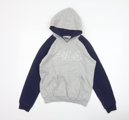 FILA Boys Grey Navy Colourblock Logo Pullover Hoodie 14-15 Years