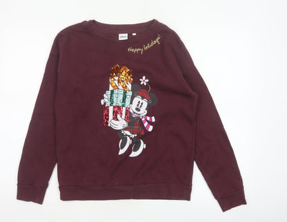 Disney Women’s Burgundy S Mickey Christmas Sequin Pullover Sweatshirt