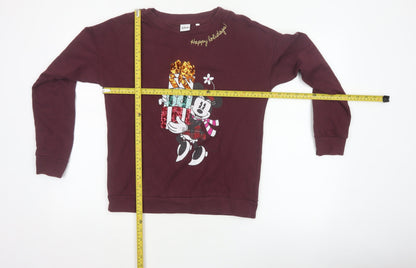 Disney Women’s Burgundy S Mickey Christmas Sequin Pullover Sweatshirt