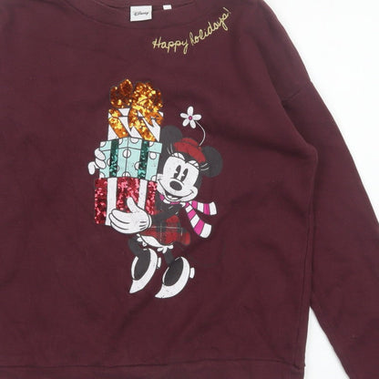 Disney Women’s Burgundy S Mickey Christmas Sequin Pullover Sweatshirt