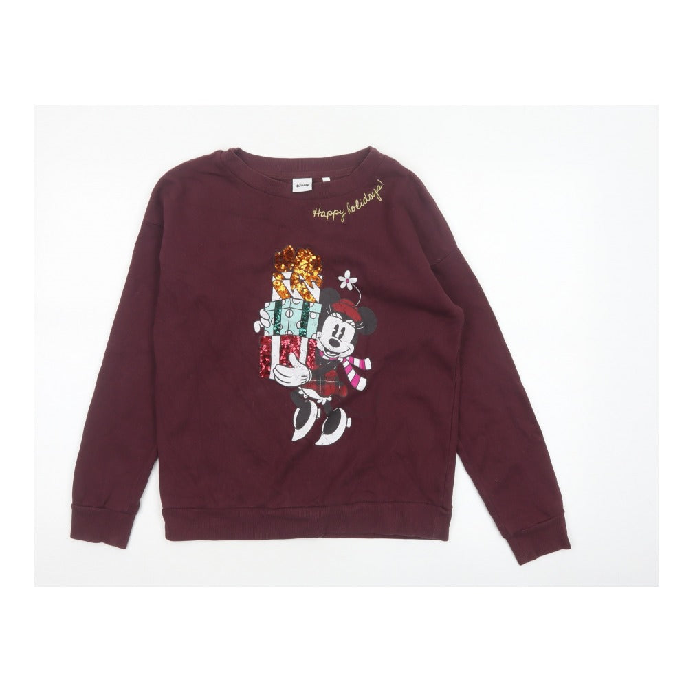 Disney Women’s Burgundy S Mickey Christmas Sequin Pullover Sweatshirt