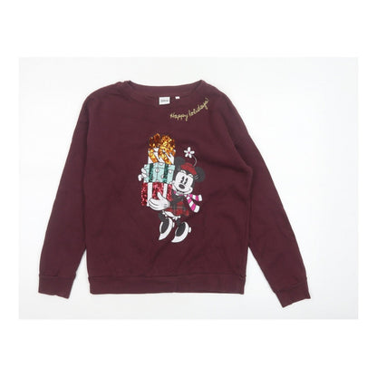 Disney Women’s Burgundy S Mickey Christmas Sequin Pullover Sweatshirt