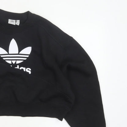 Adidas Women Black UK 10 Cropped Pullover Sweatshirt Trefoil 3 Stripe