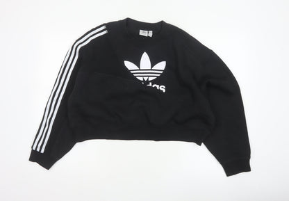 Adidas Women Black UK 10 Cropped Pullover Sweatshirt Trefoil 3 Stripe