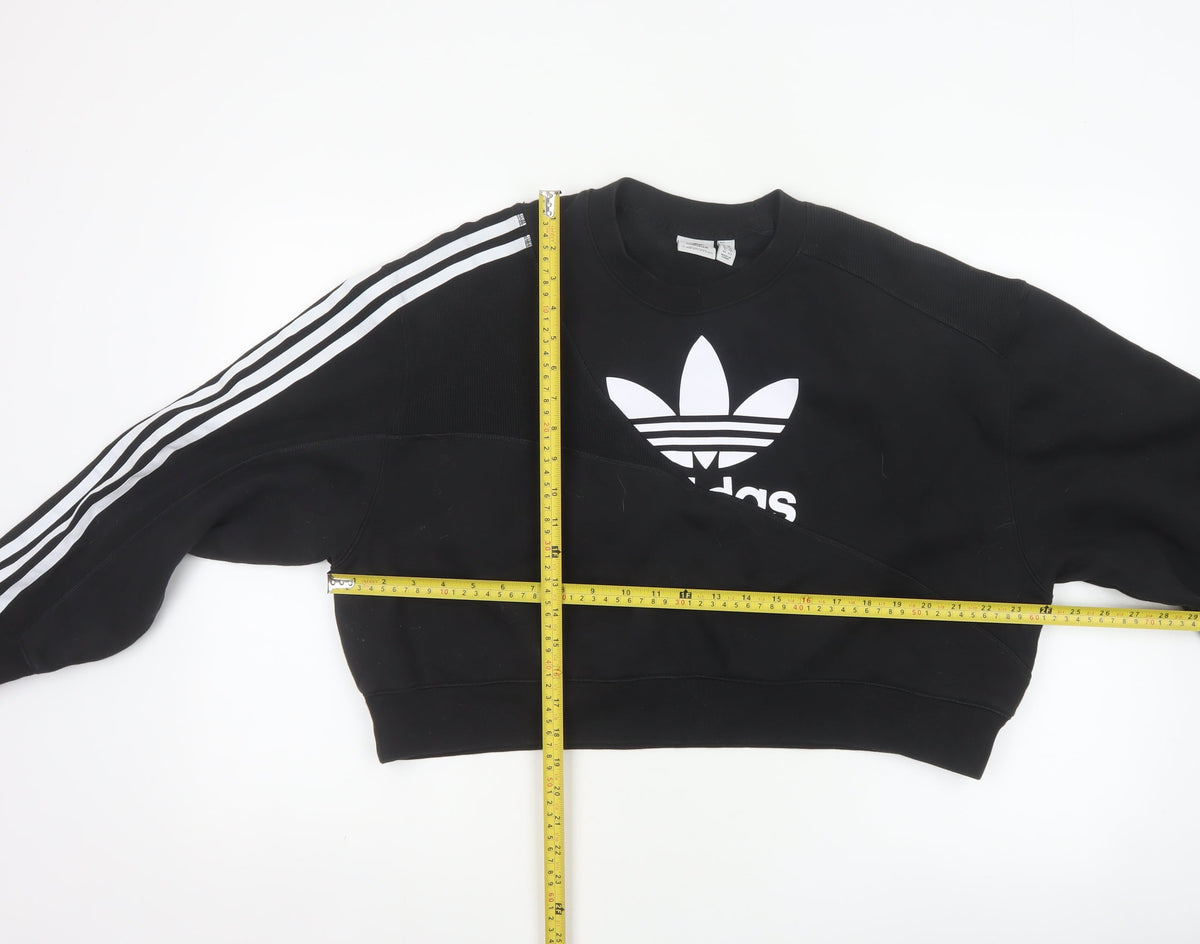 Adidas Women Black UK 10 Cropped Pullover Sweatshirt Trefoil 3 Stripe
