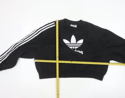 Adidas Women Black UK 10 Cropped Pullover Sweatshirt Trefoil 3 Stripe