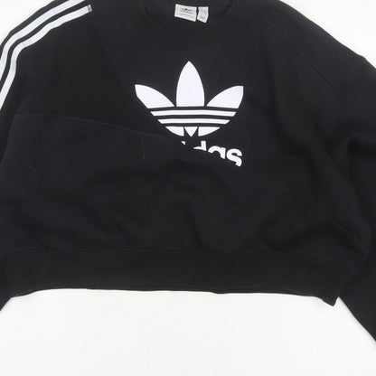 Adidas Women Black UK 10 Cropped Pullover Sweatshirt Trefoil 3 Stripe