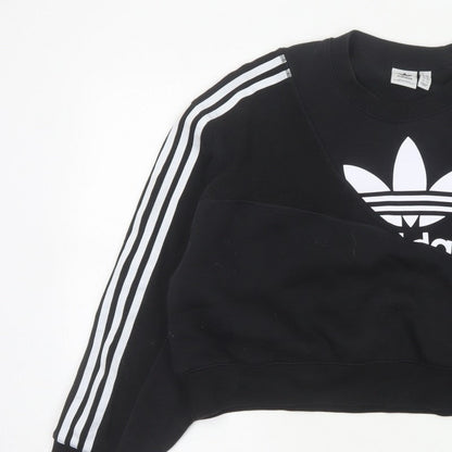 Adidas Women Black UK 10 Cropped Pullover Sweatshirt Trefoil 3 Stripe