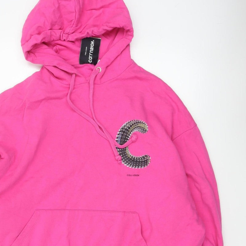Collusion Women Pink M Oversized Pullover Hoodie Logo Graphic