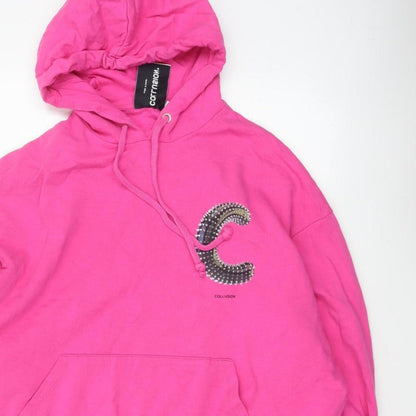 Collusion Women Pink M Oversized Pullover Hoodie Logo Graphic