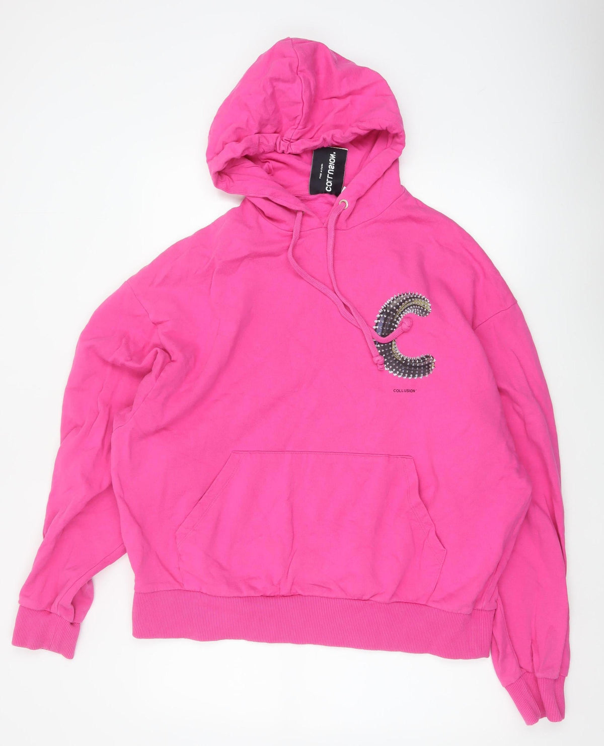 Collusion Women Pink M Oversized Pullover Hoodie Logo Graphic