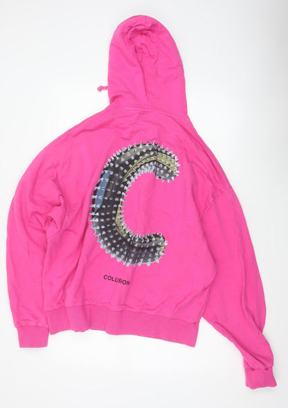 Collusion Women Pink M Oversized Pullover Hoodie Logo Graphic