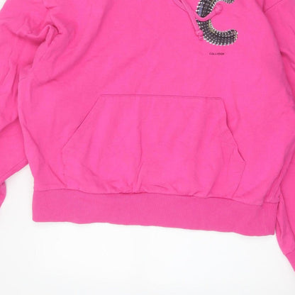 Collusion Women Pink M Oversized Pullover Hoodie Logo Graphic