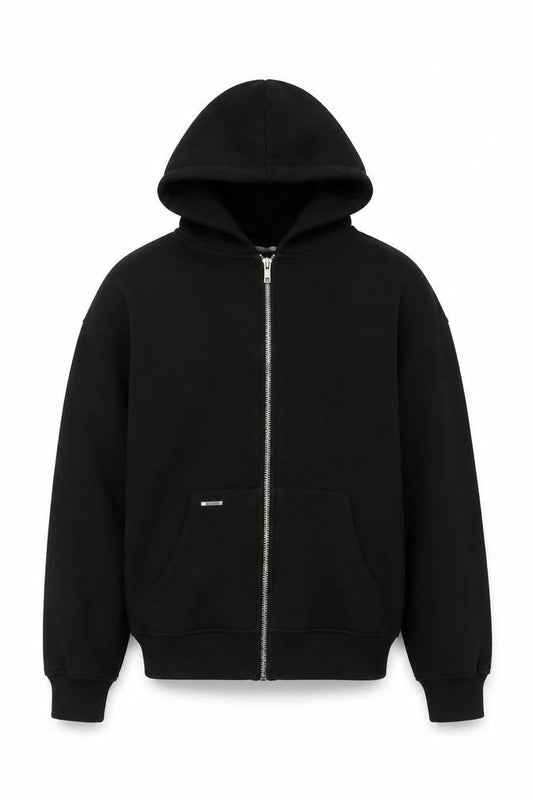Front view of Sevenheavens Men’s Black M Full Zip Hooded Fleece Hoodie Logo Pockets