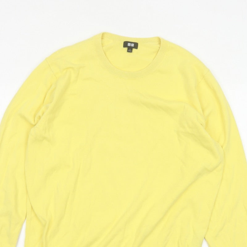 Uniqlo Men Yellow M Cotton Crew Neck Fine Knit Pullover Jumper