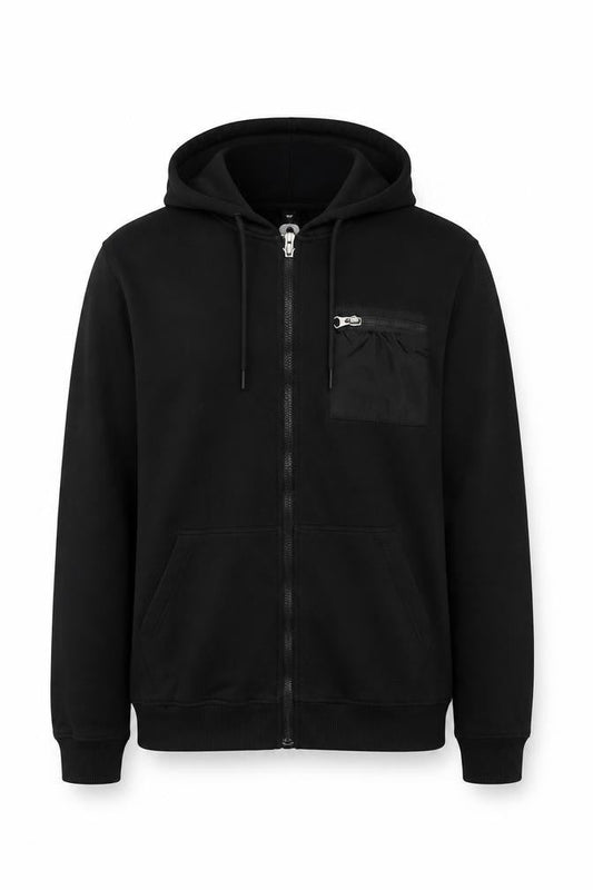 Front view of Flying Machine Men's Black L Full Zip Hooded Fleece Hoodie Pockets