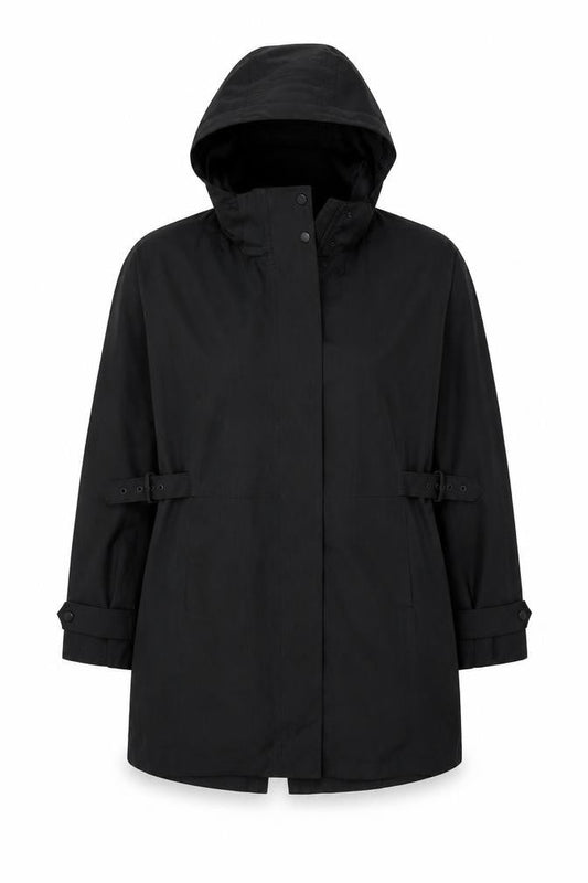 Front view of Kirkland Signature unisex black l hooded long trench coat