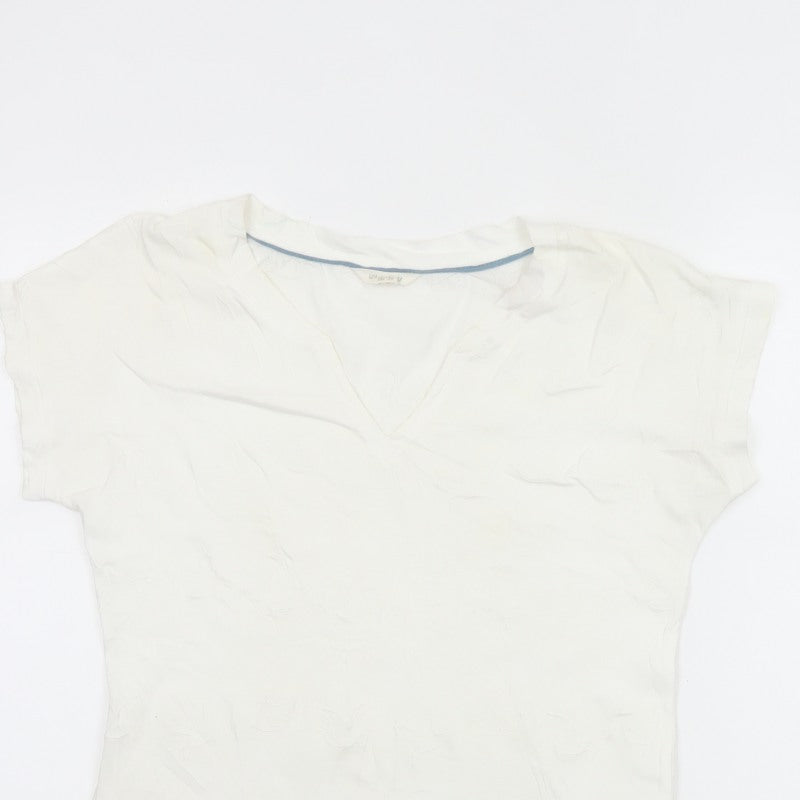 White Stuff Women Ivory UK 8 Embroidered Cotton V-Neck T-Shirt