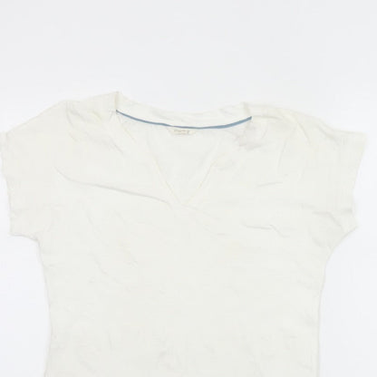White Stuff Women Ivory UK 8 Embroidered Cotton V-Neck T-Shirt