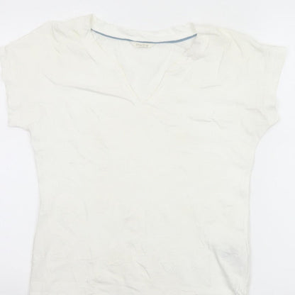 White Stuff Women Ivory UK 8 Embroidered Cotton V-Neck T-Shirt