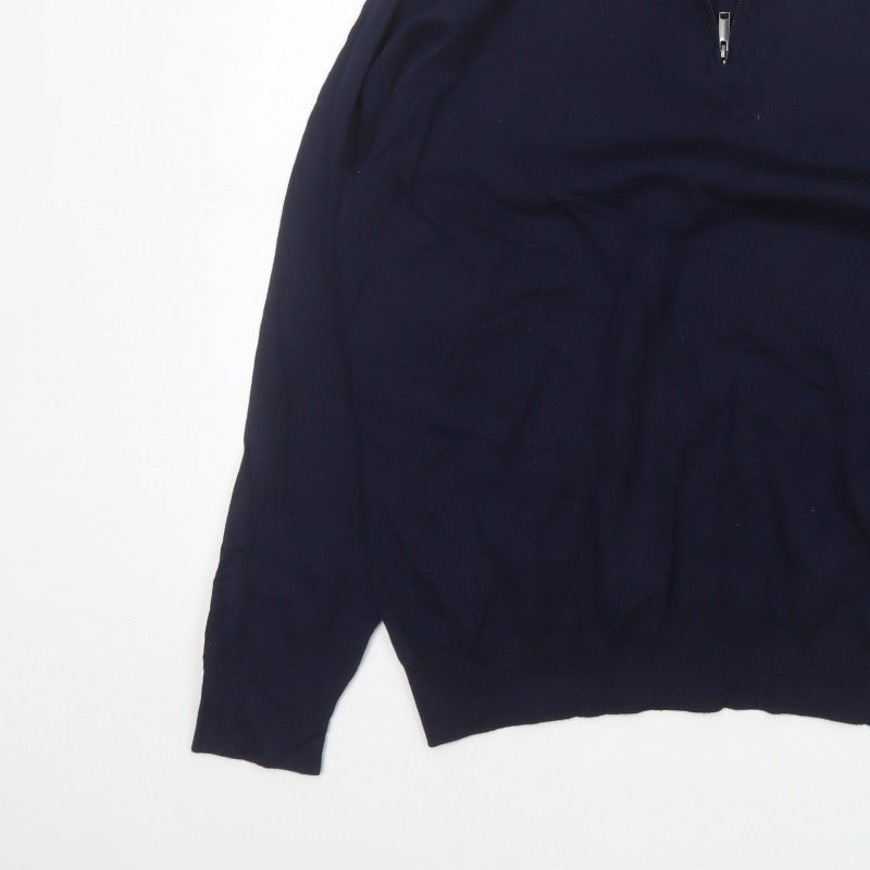 Jaeger Men's Blue XL Half Zip High Neck Knit Jumper Pullover