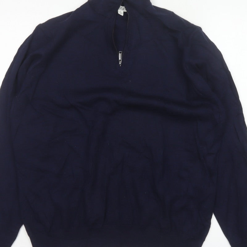 Jaeger Men's Blue XL Half Zip High Neck Knit Jumper Pullover