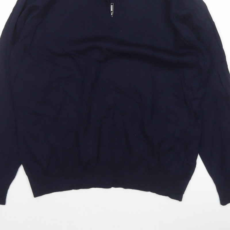 Jaeger Men's Blue XL Half Zip High Neck Knit Jumper Pullover