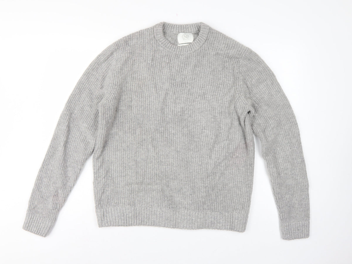 M&S Men Grey Large Wool Rich Chunky Knit Crew Neck Pullover Jumper
