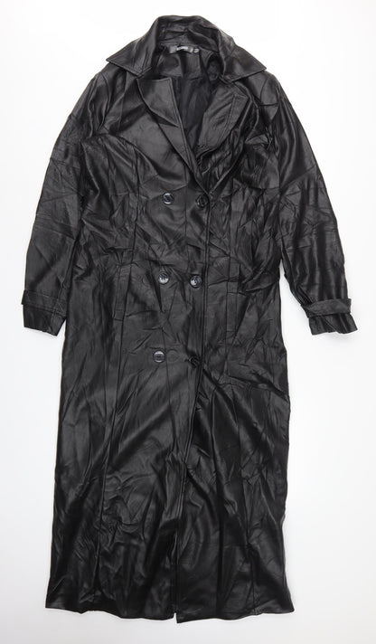 Missguided Women Black UK 10 Long Faux Leather Double-Breasted Trench Coat