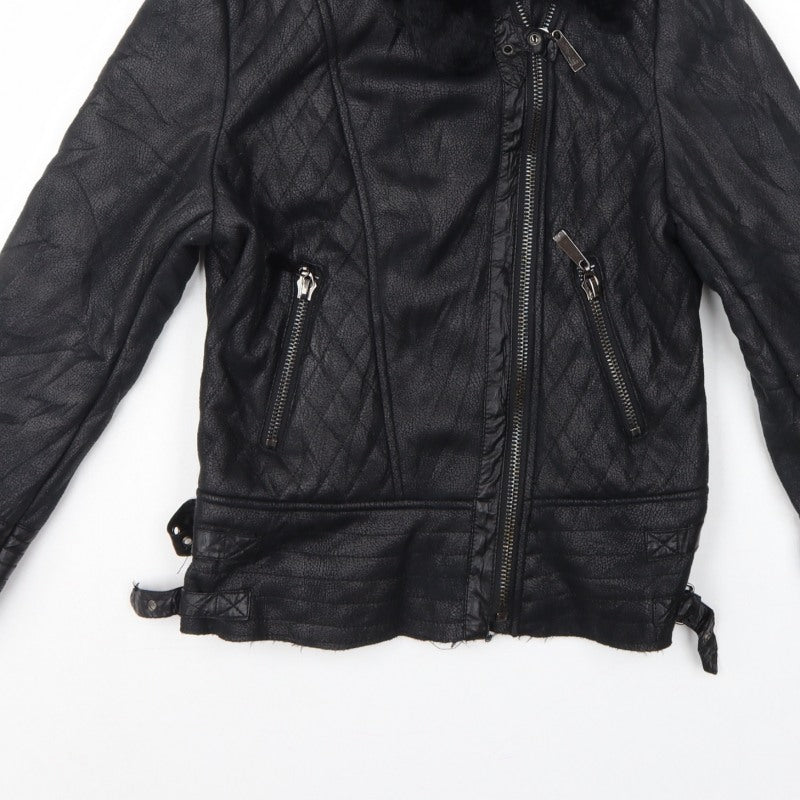 Osley Women’s Black UK 10 Faux Leather Biker Jacket Fur Collar