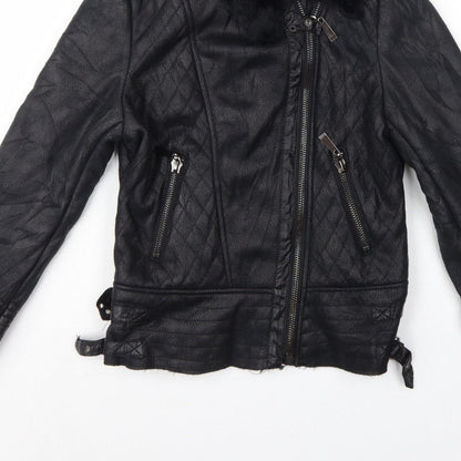 Osley Women’s Black UK 10 Faux Leather Biker Jacket Fur Collar