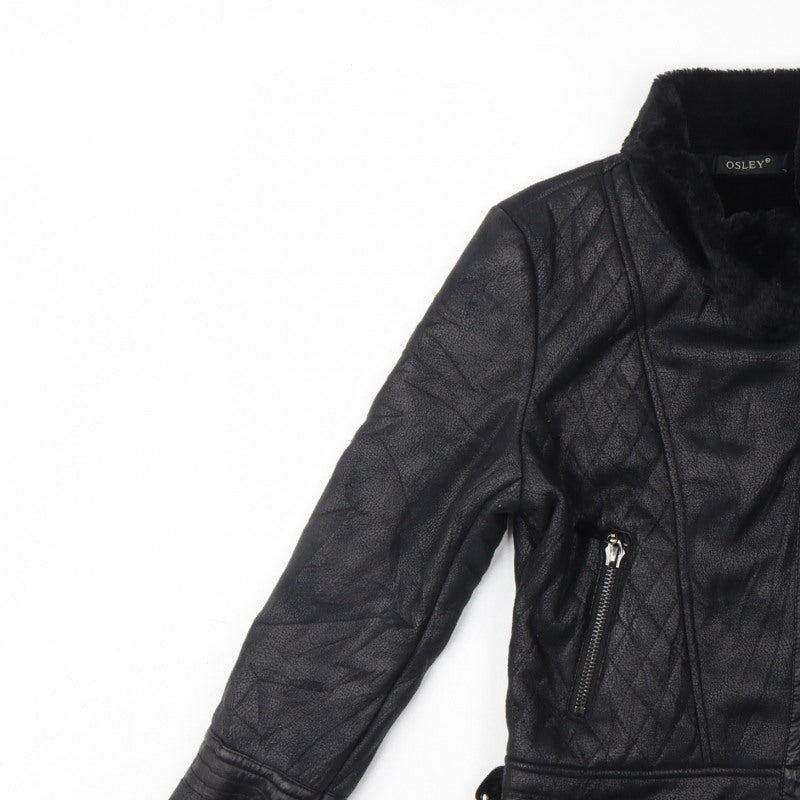 Osley Women’s Black UK 10 Faux Leather Biker Jacket Fur Collar
