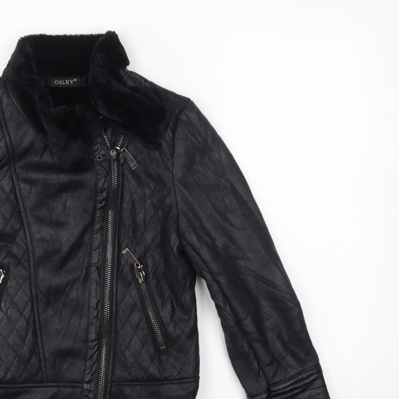 Osley Women’s Black UK 10 Faux Leather Biker Jacket Fur Collar