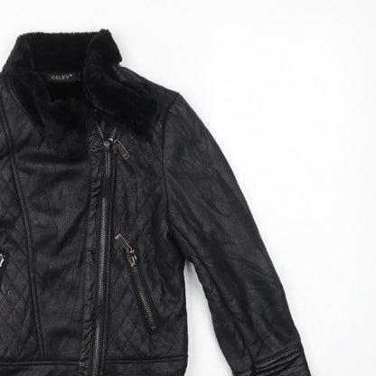 Osley Women’s Black UK 10 Faux Leather Biker Jacket Fur Collar
