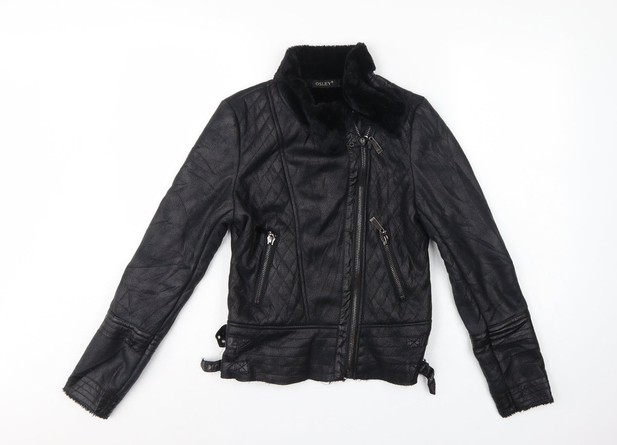 Osley Women’s Black UK 10 Faux Leather Biker Jacket Fur Collar