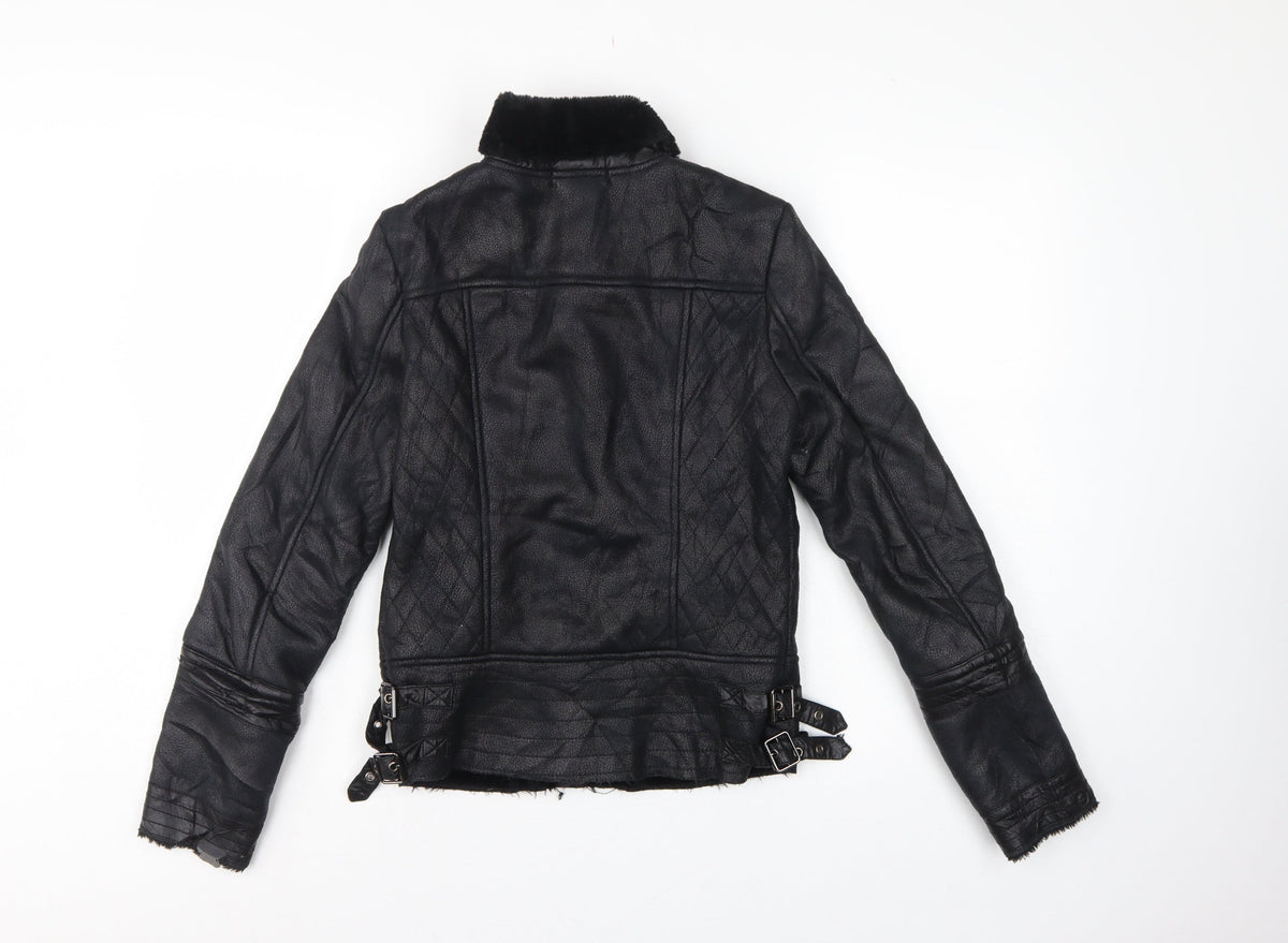 Osley Women’s Black UK 10 Faux Leather Biker Jacket Fur Collar