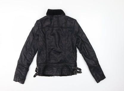 Osley Women’s Black UK 10 Faux Leather Biker Jacket Fur Collar
