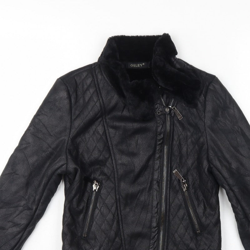 Osley Women’s Black UK 10 Faux Leather Biker Jacket Fur Collar