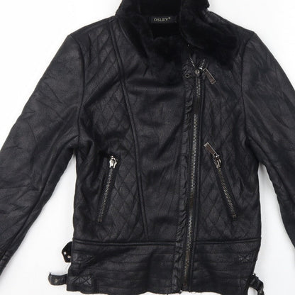 Osley Women’s Black UK 10 Faux Leather Biker Jacket Fur Collar
