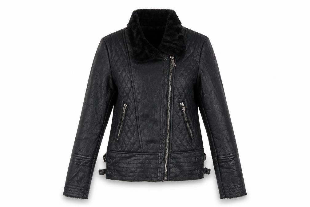Osley Women’s Black UK 10 Faux Leather Biker Jacket Fur Collar