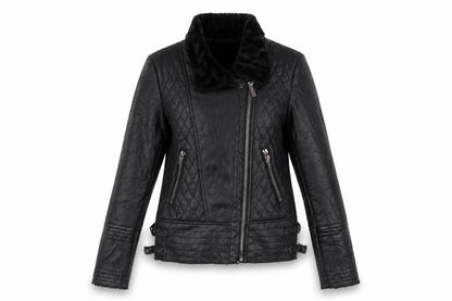 Osley Women’s Black UK 10 Faux Leather Biker Jacket Fur Collar
