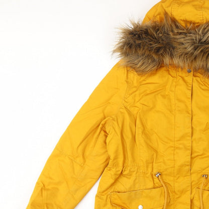 H&M Divided Women’s Yellow UK 16 Parka Faux Fur Hooded Cotton Jacket