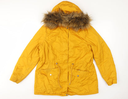H&M Divided Women’s Yellow UK 16 Parka Faux Fur Hooded Cotton Jacket