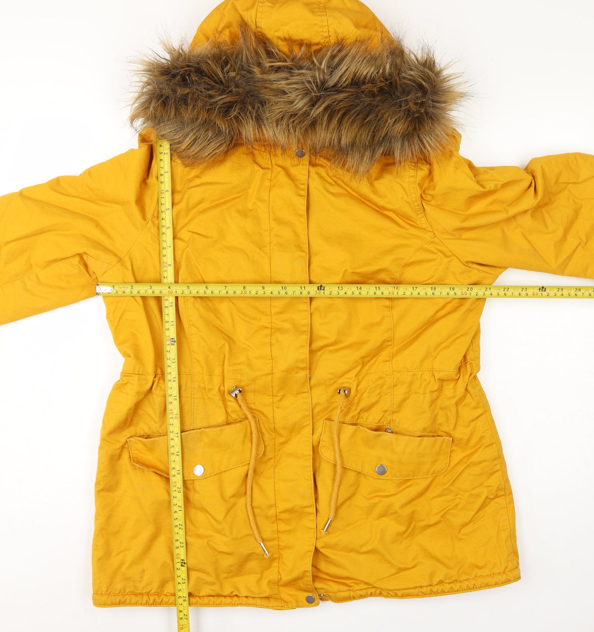 H&M Divided Women’s Yellow UK 16 Parka Faux Fur Hooded Cotton Jacket