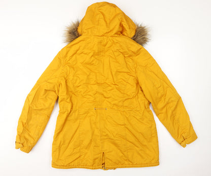 H&M Divided Women’s Yellow UK 16 Parka Faux Fur Hooded Cotton Jacket