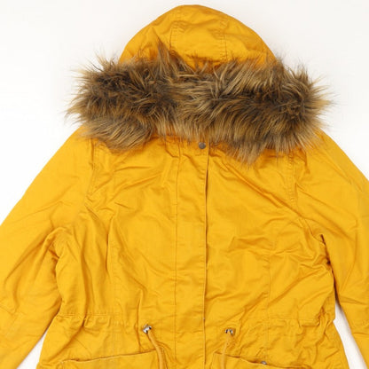 H&M Divided Women’s Yellow UK 16 Parka Faux Fur Hooded Cotton Jacket