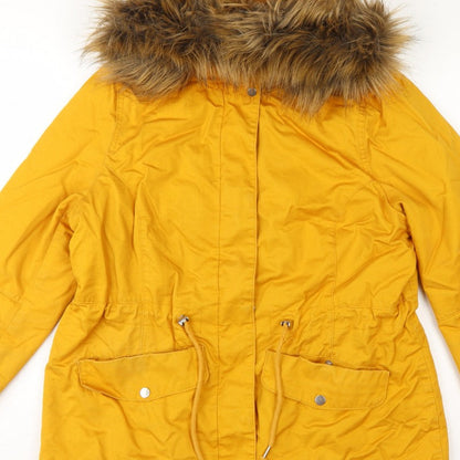 H&M Divided Women’s Yellow UK 16 Parka Faux Fur Hooded Cotton Jacket