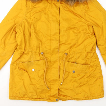 H&M Divided Women’s Yellow UK 16 Parka Faux Fur Hooded Cotton Jacket